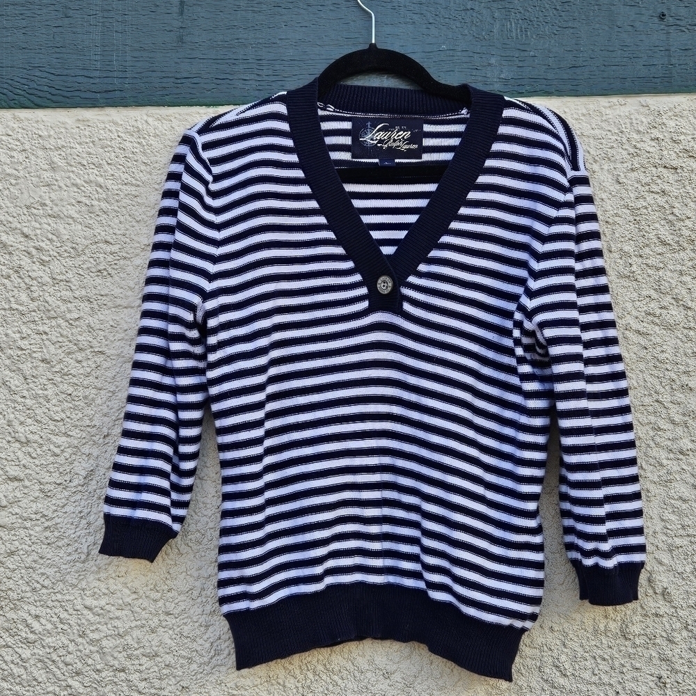 LRL Ralph Lauren navy and white striped 3/4 sleeve sweater large